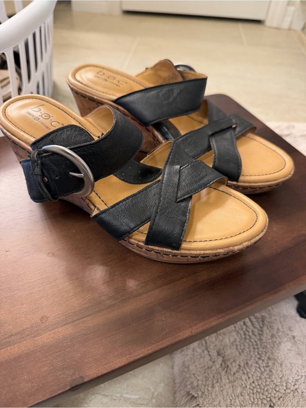 b.o.c. Black Leather Crisscross Wedge Sandals with Buckle